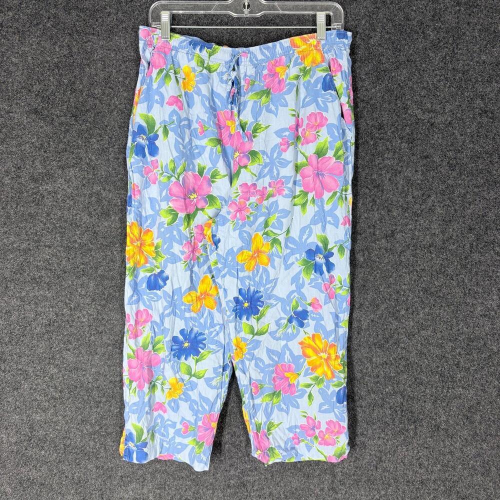 Erika Pajama Pants Women M Medium Blue Floral Drawstring Cotton Pockets Sleep